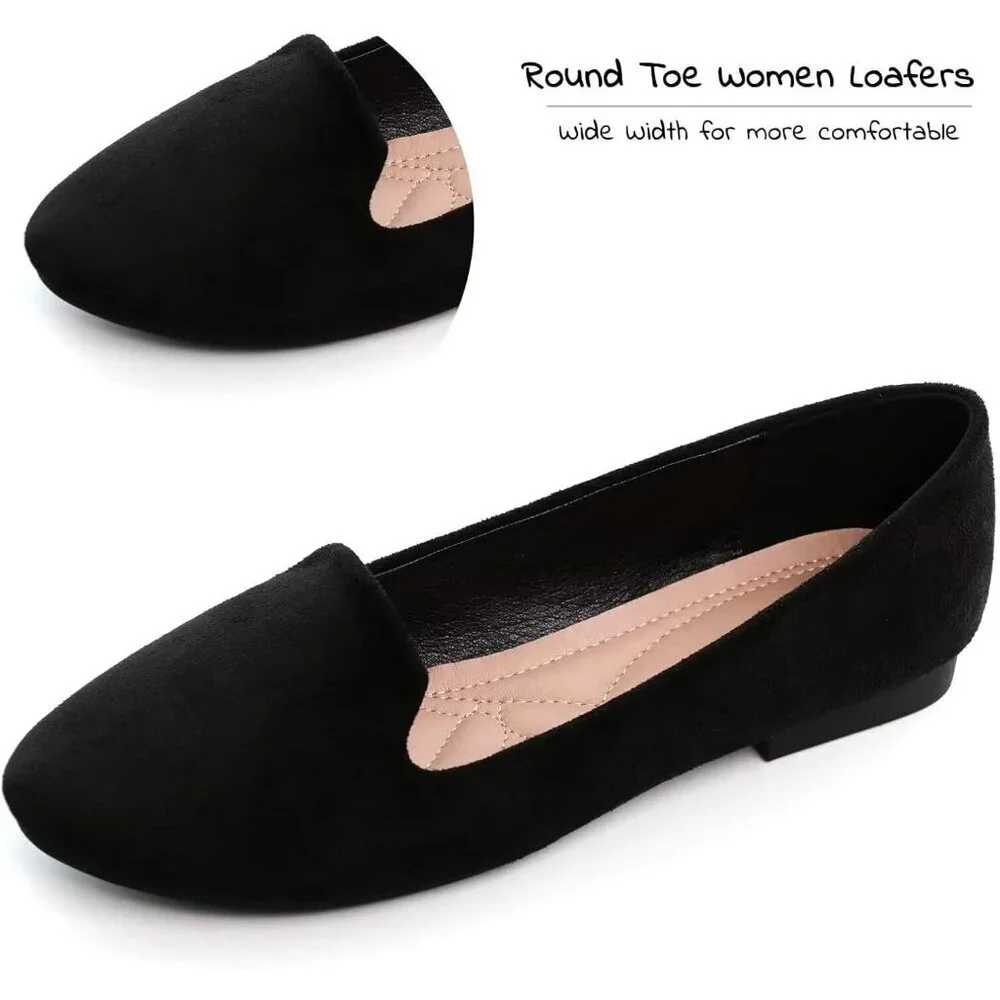 Women's Round Toe Flats Comfortable Fashion Ballet Flat Slip-On Loafers Black